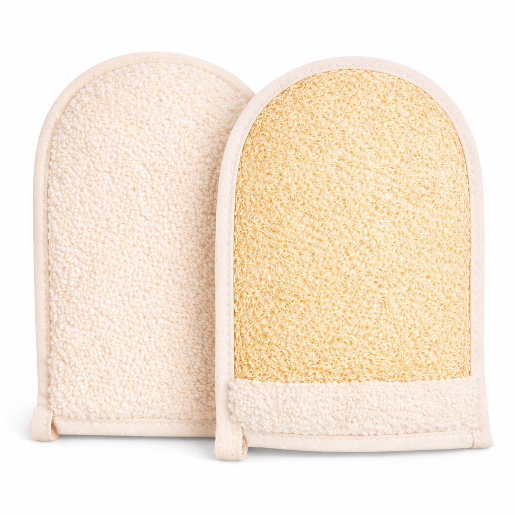 European M6 bath glove showing terry side and loofah side